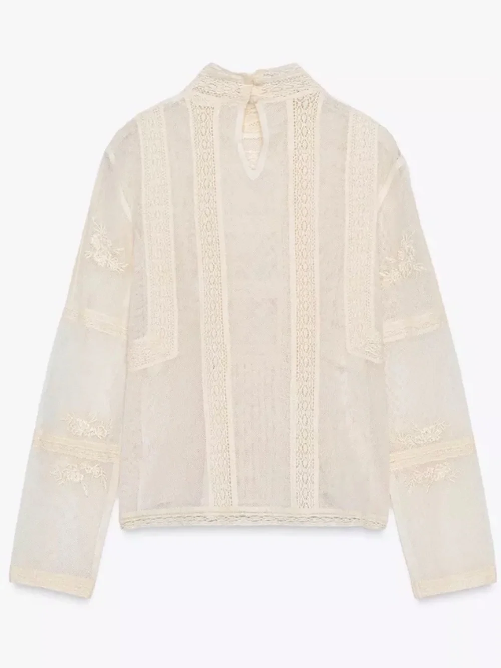 Zara Romantic Lace Blouse Semi-Sheer High Neck Ladder Stitch Size Small - Picture 5 of 15